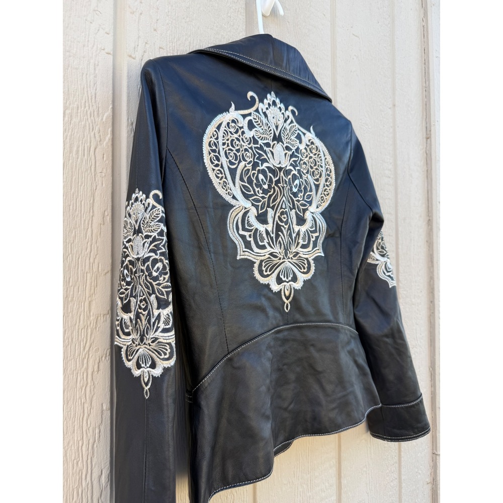 Sheri Bodell Lamb Leather Jacket S Embroidered Floral Black Y2K Moto Blazer